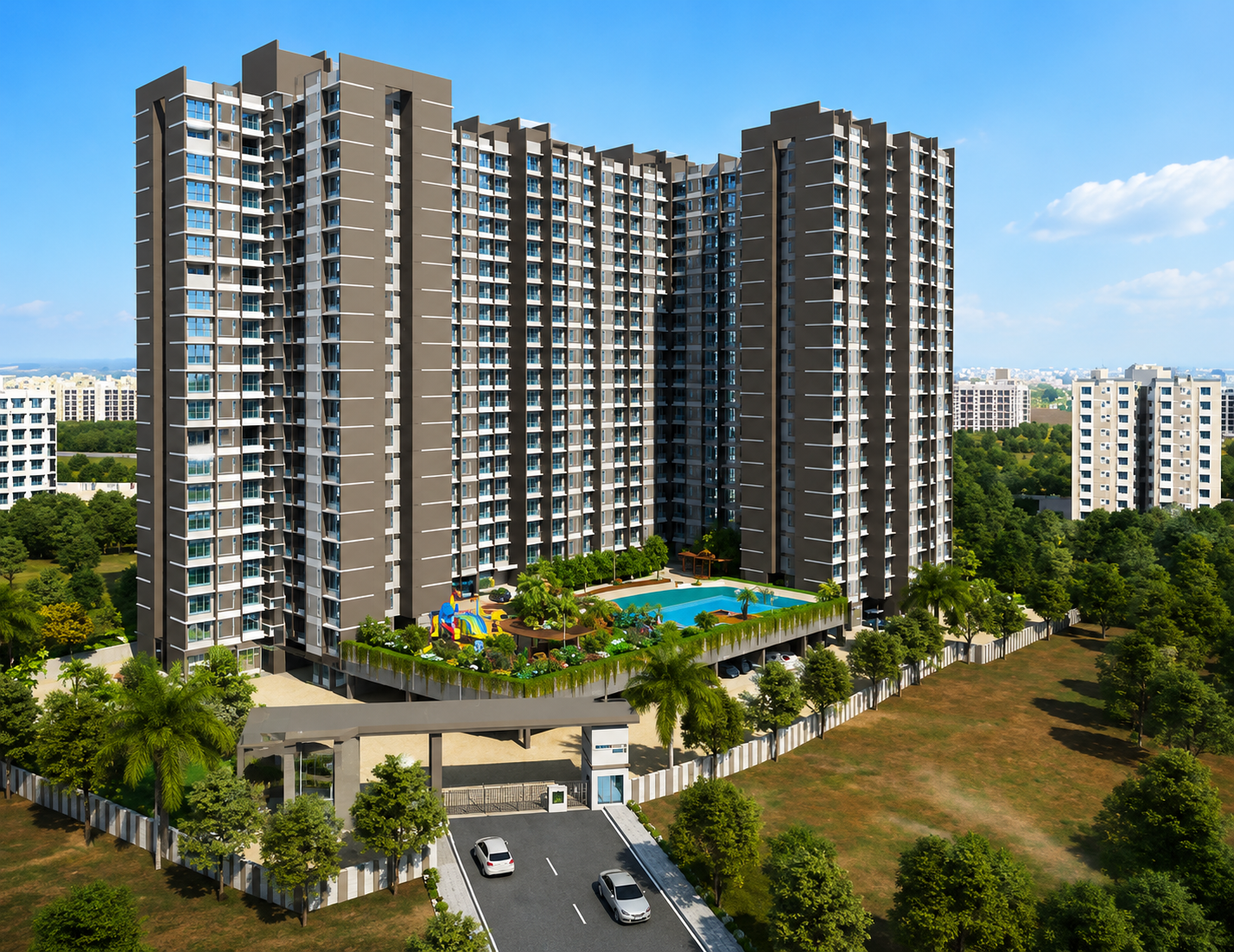 Daytime aerial view of a residential tower with pool
