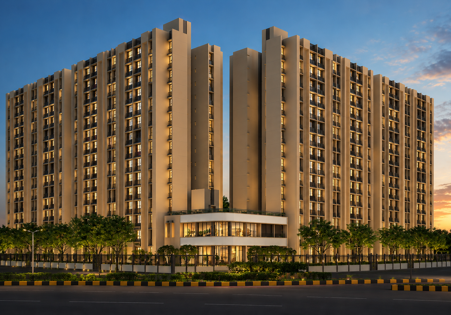 Nirmal Homes residential tower exterior at dusk