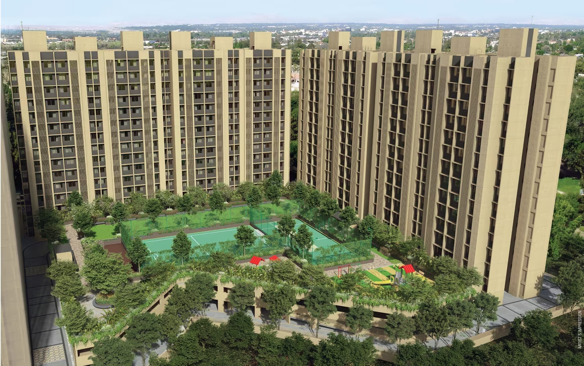 Aerial render of a residential complex with tennis courts