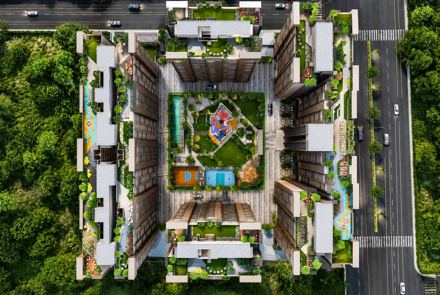 Evara aerial view of the complex layout