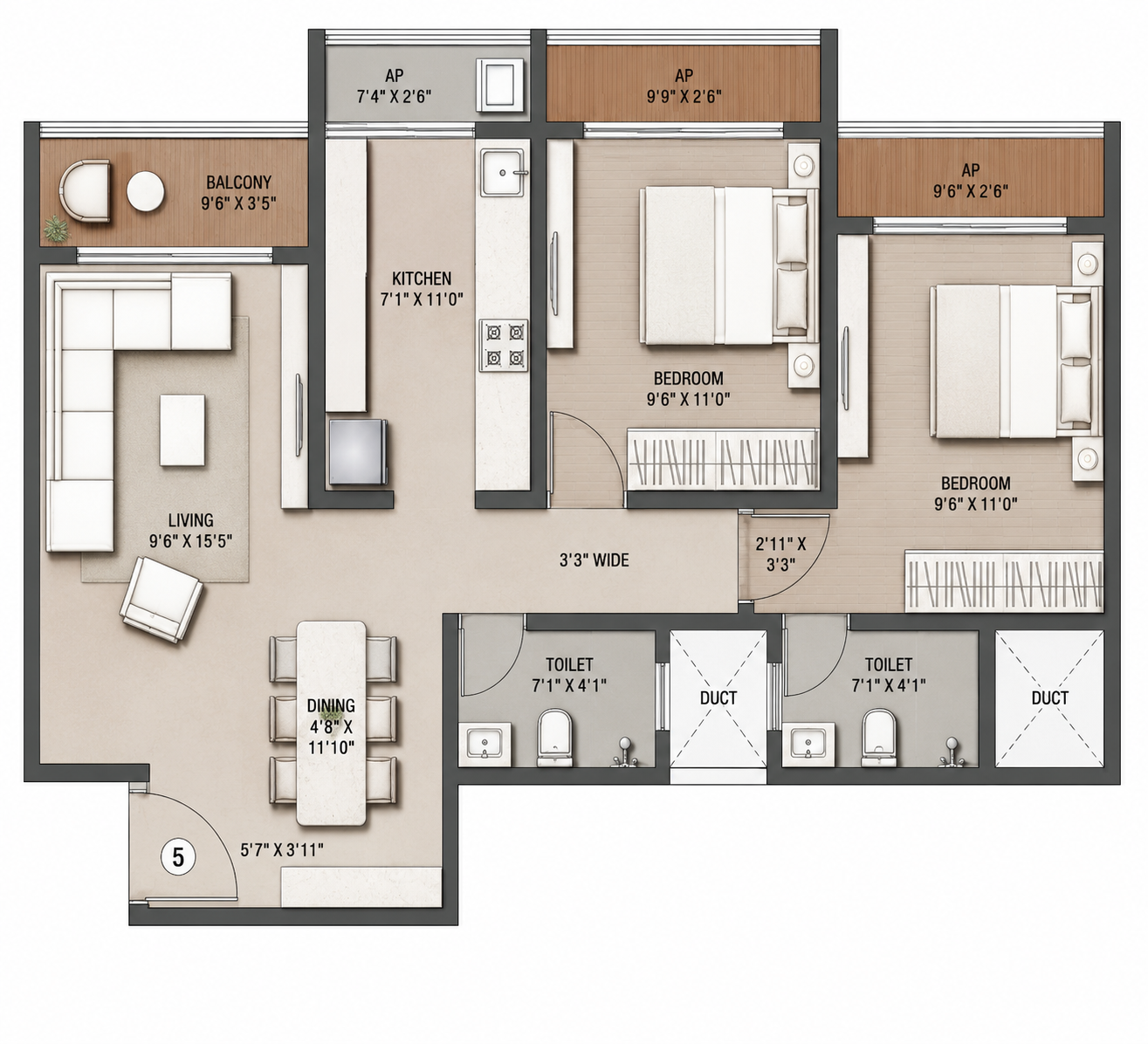 Evara 2 BHK floor plan