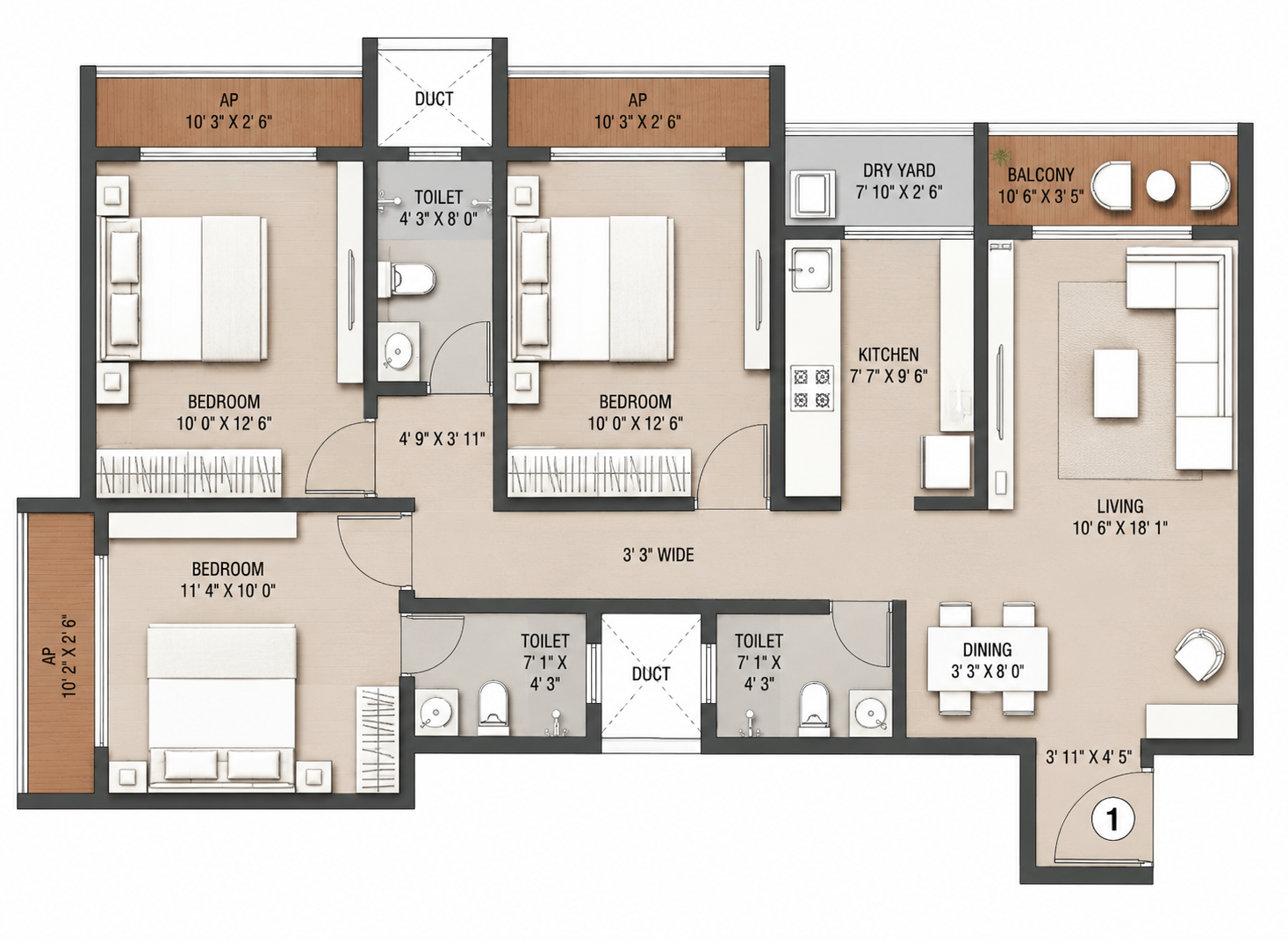 Evara 3 BHK floor plan
